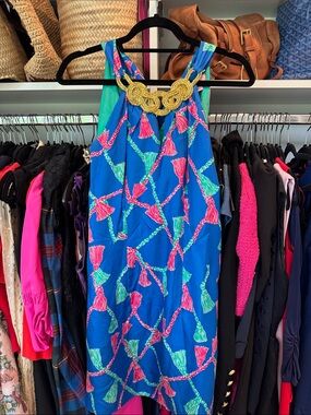 Lilly Pulitzer Blue Pink Green Tassel-Print Halter Dress